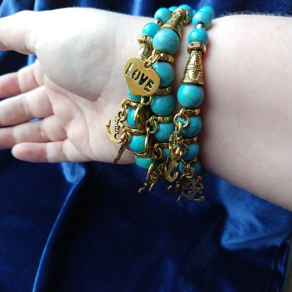 Turquoise Arm Stack 3 Bracelet Set blue beads gold Love & Anchor charms - Picture 4 of 8